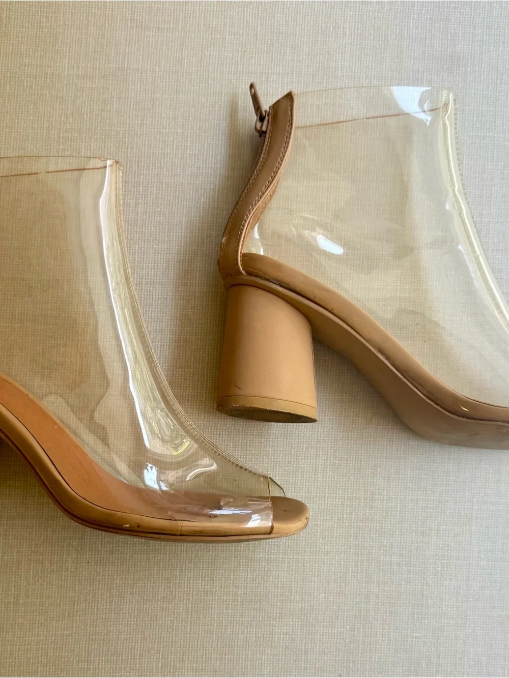 Japanese Clear PVC Peep-Toe Block Heel Boots - Nude